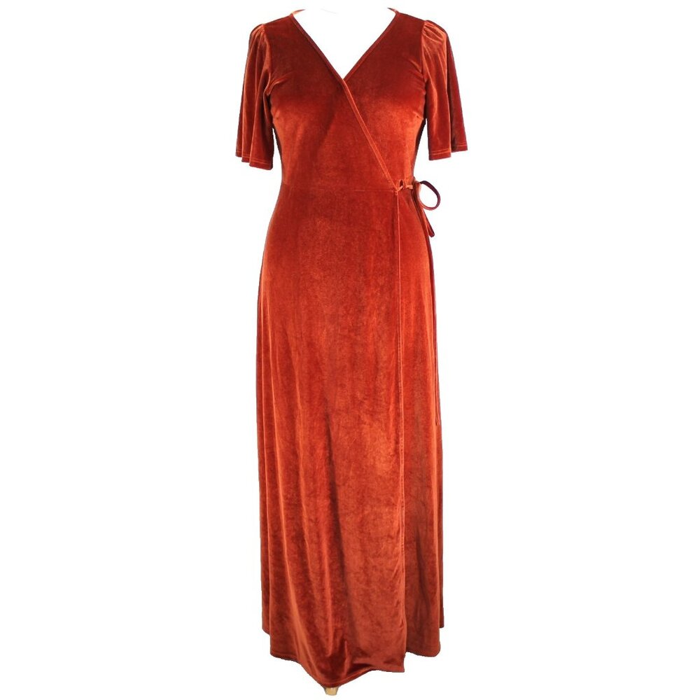 Baltic Born Meghan Velvet Wrap Dress Womens Sz XXL Rust V Neck Short Sleeve Maxi